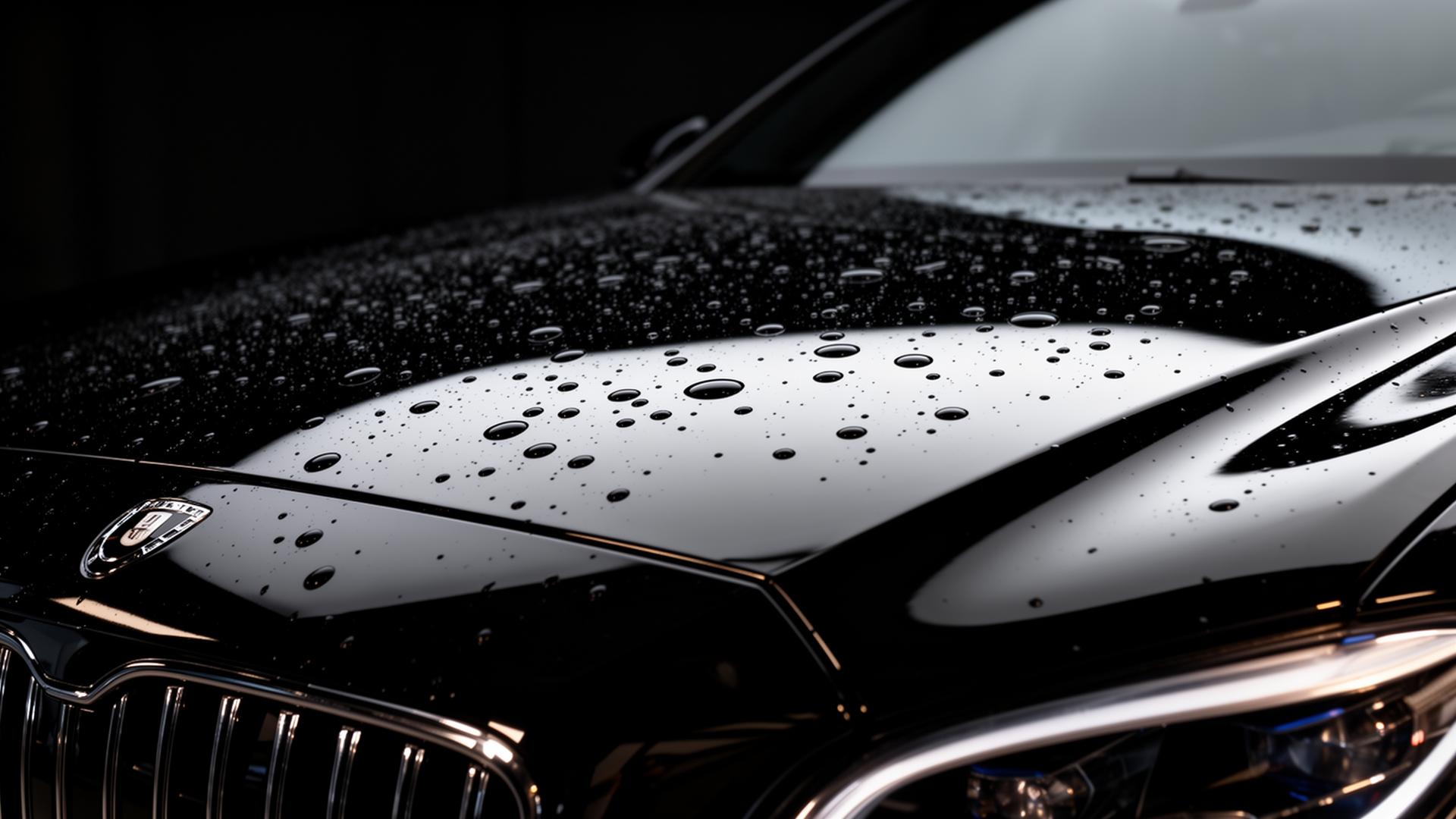 Glossy black car hood with ceramic coating water beads